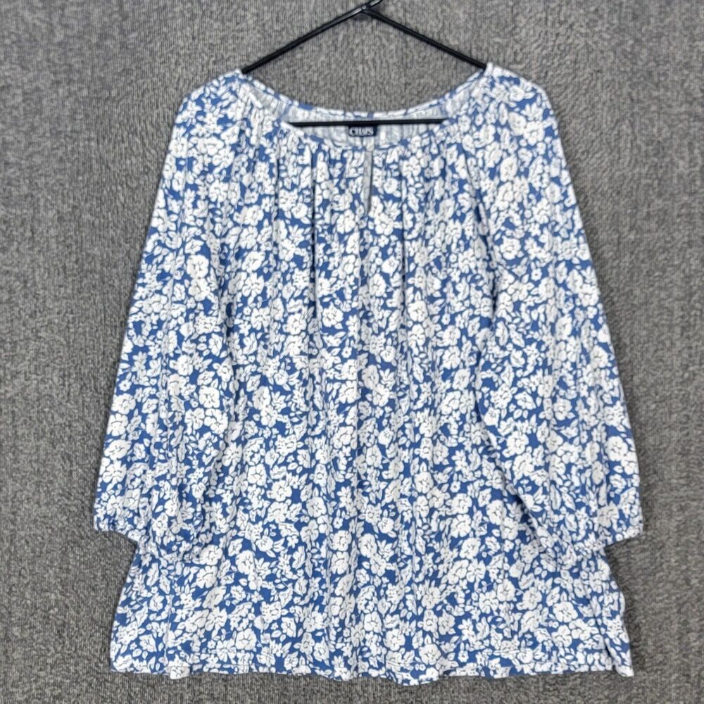 Chaps Ralph Lauren Blouse Womens 1X Blue White Floral 3/4 Sleeve Cottagecore Top